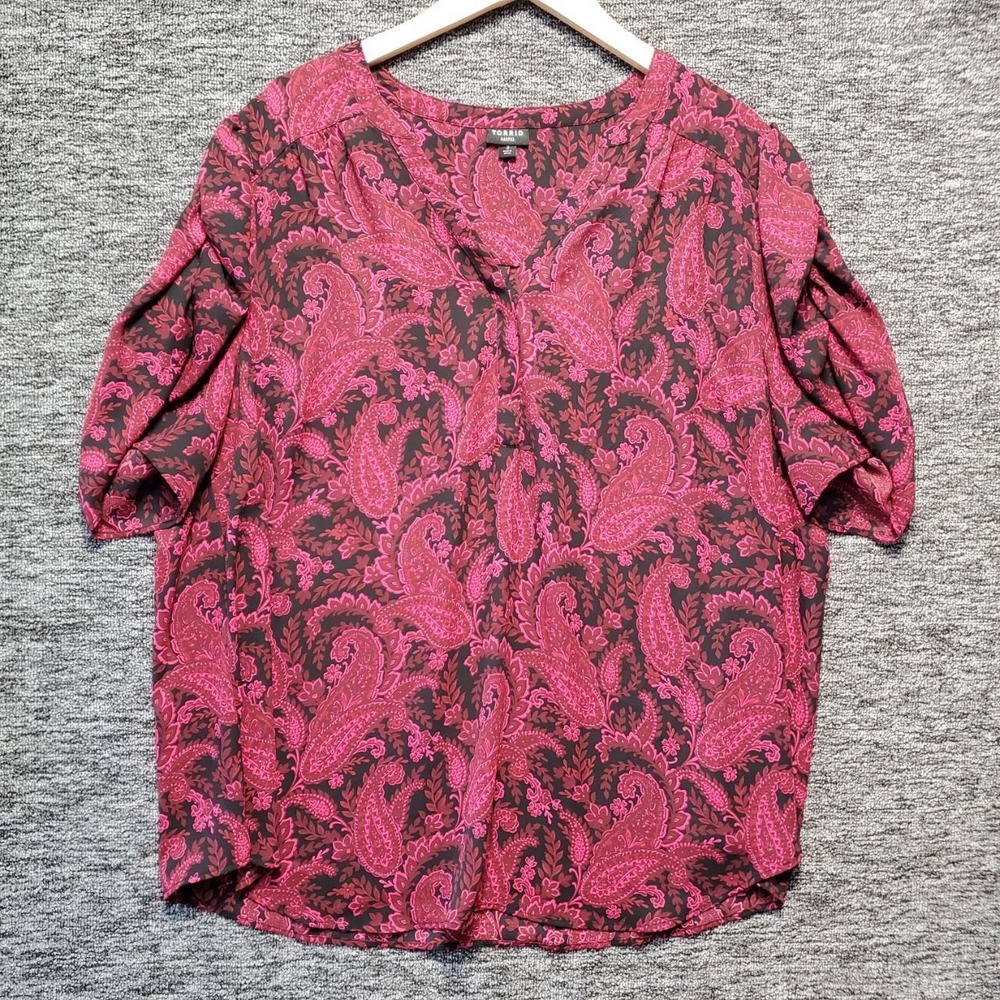Torrid Harper Blouse Womens 3X Burgundy Pink Paisley Whimsigoth Romantic Top